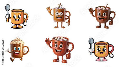 Smiling cartoon coffee cup isolated on transparent background, cute kawaii mug vector illustration, editable AI artwork for café logo and beverage branding