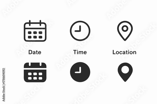 Date, time, location address icon set. Clock, calendar, location, reminder, adress symbols business sign stock illustration date, time, clock, calendar, location, address, pin, reminder, business, off