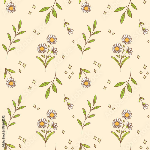 Seamless floral pattern on beige background. Natural spring repeat wallpaper. 