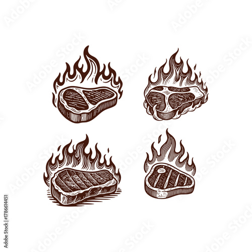 Set of four hand-drawn vintage engraving style illustrations depicting various cuts of beef steak being grilled or cooked over open flames