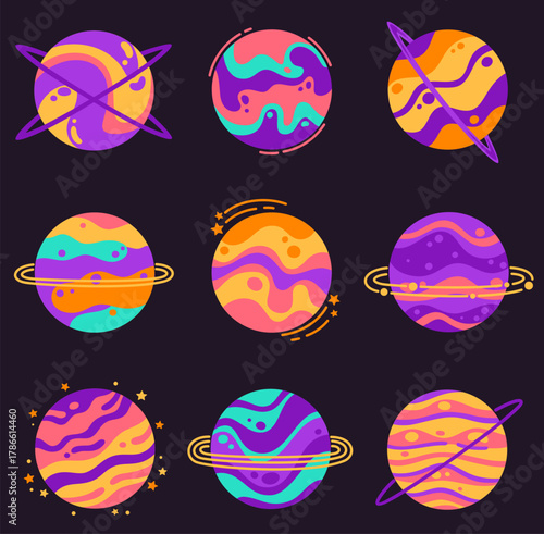 Set of cute planets on a dark background.
