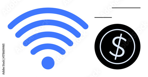 wireless signal icon beside money symbol suggesting online payments or financial tech advancement. Ideal for digital finance, connectivity, e-commerce, fintech, online banking, technology, remote