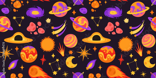 Seamless pattern of cute cosmic objects. Planets, stars, meteors, black holes.