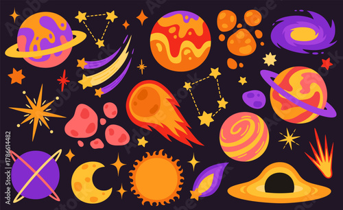 Set of cute cosmic objects. Planets, stars, constellation.