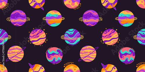 Seamless pattern of planets. Flat vector illustration.