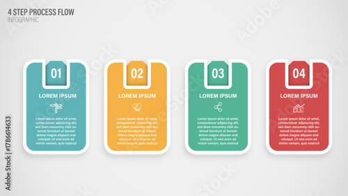 Colorful four-step horizontal process flow or timeline infographic template with icons, numbers, and text boxes for business presentation, strategy, and workflow.