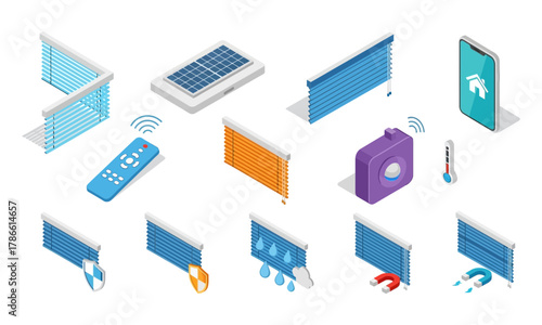 Smart home technology icons including remote control, thermostat, and smartphone app