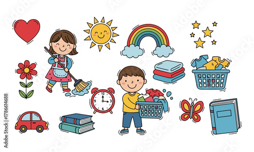 Cute cartoon children doing chores and household tasks
