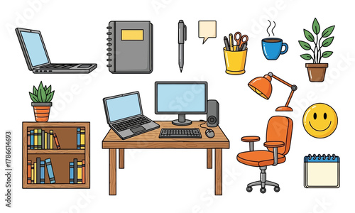 Collection of office and study items, including laptops, desk, chair, lamp, and bookshelf