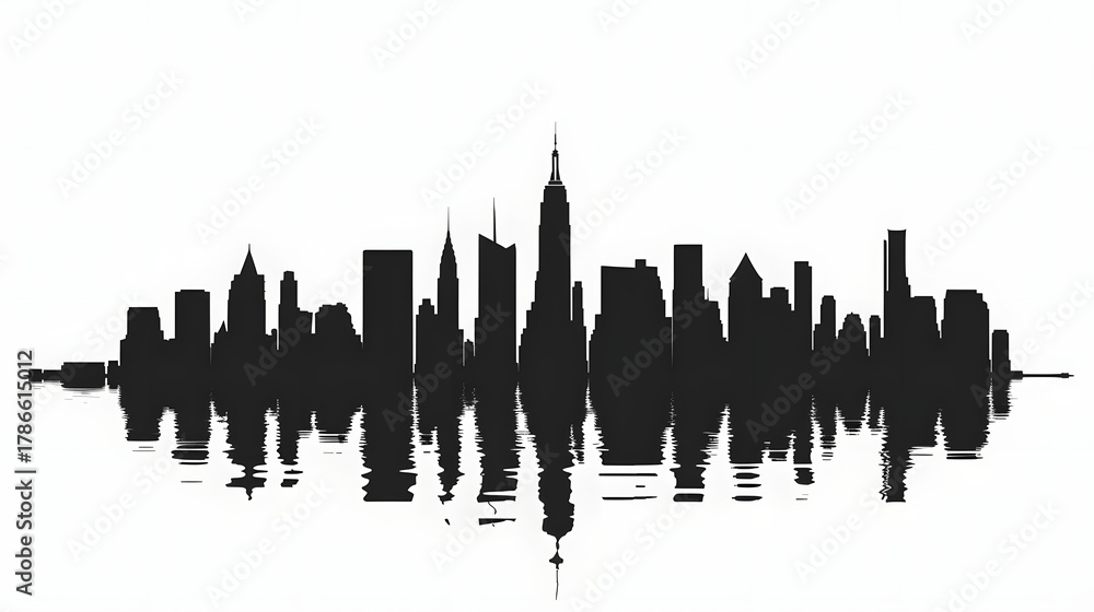 Naklejka premium 水面に反射する都市のスカイラインのシルエット。ミニマルな黒いベクターイラスト