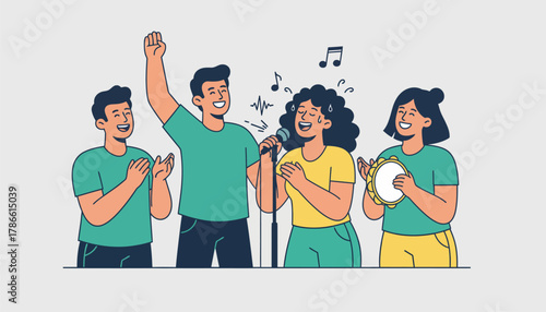 A diverse group of friends at a karaoke night each taking turns at the microphone their faces animated with joy and excitement.