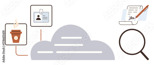 Coffee cup, ID card, document with pen, and magnifying glass connected to a central cloud. Ideal for work, networking, organization, identity verification, digital storage cloud computing simple