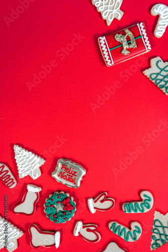 Christmas Cookies Border on Red Background