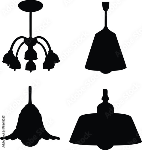 Collection of four decorative pendant light fixture silhouettes isolated on white background