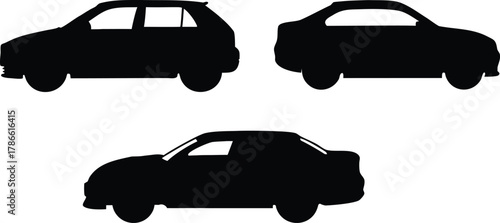 Three distinct car silhouettes isolated on white background