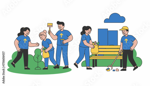 A vibrant illustration of a team participating in a community service day emphasizing the companys commitment to volunteerism and corporate responsibility.