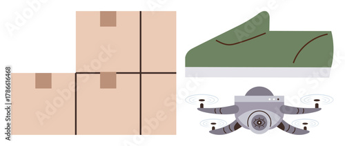quadcopter hovering with a green shoe and cardboard boxes, reflecting e-commerce, delivery systems, and shipping innovation. Ideal for retail, logistics, technology, automation, shopping shipping