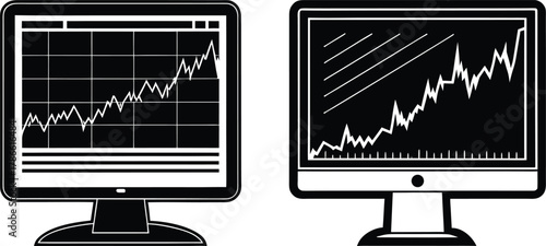 Two computer monitors displaying stock market graphs silhouette isolated on white background