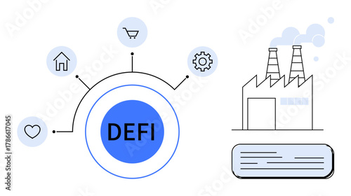 Circular DeFi hub linked to heart, home, cart, gear icons symbolizing finance decentralization. Factory with smog and document. Ideal for fintech, blockchain, innovation, automation industry