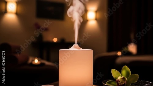Aromatherapy diffuser releasing steam in a warm, dimly lit spa setting with orchid and stones