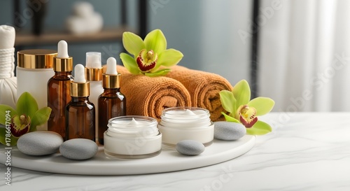 Amber Glass Elixirs, Soft Towels, and Botanical Harmony Under Diffused Light