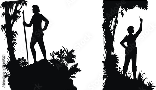 Two silhouette figures in a forest environment isolated on white background