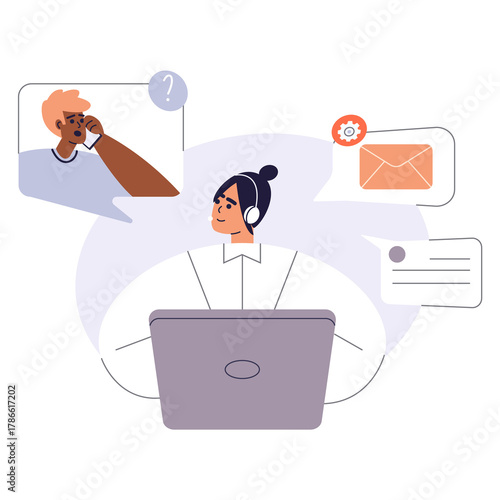 Customer service worker woman with headsets service or consult customers on computers.Hotline operator work, global online technical support, Call center, call processing system. Raster