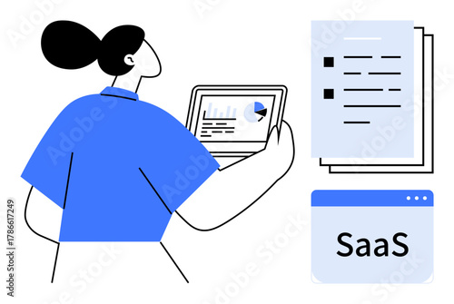 Person reviewing analytics on tablet, document with checklists, browser tab marked SaaS. Ideal for business analytics, software, technology, remote work, productivity, data-driven decisions modern