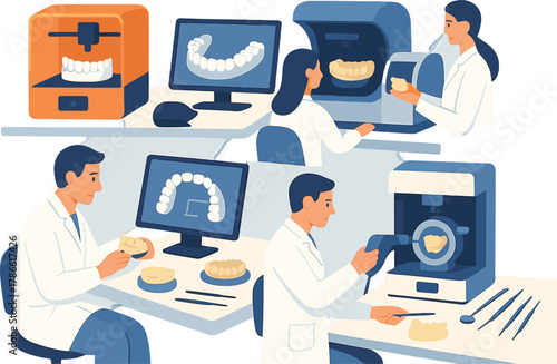 Modern Dental Laboratory Illustration — Digital Dentistry, CAD/CAM and 3D Printing Workflow
