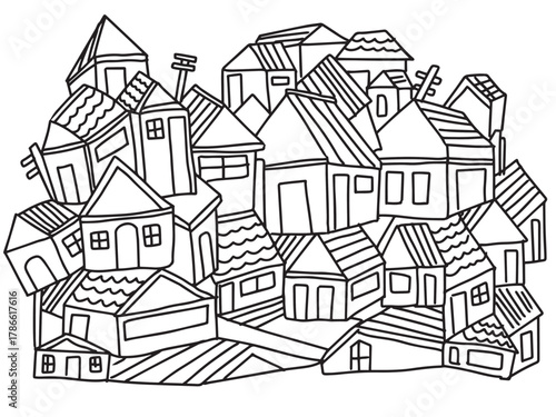 Whimsical Hand Drawn Houses in a Hilly Neighborhood line art