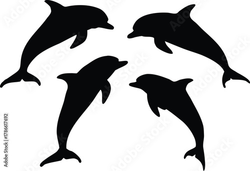 Four jumping dolphin silhouettes isolated on white background