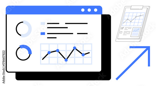 Web dashboard with charts, graphs, and data visualization alongside a clipboard. Ideal for business, finance, technology, statistics, growth performance and strategy themes. Simple flat metaphor