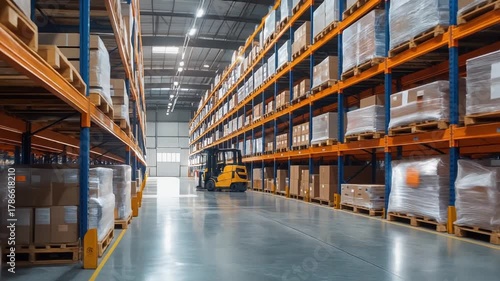 倉庫内のロジスティクス作業と整理整頓された物流ビジネスの現代的な空間構成