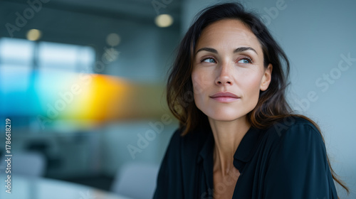 A businesswoman sitting alone in a modern office meeting room, looking thoughtfully out the large frosted windows. The interior is minimalist, featuring neutral tones, clean lines,