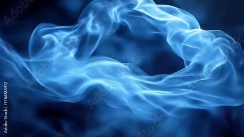 Blue ethereal light/smoke forms a swirling, abstract, wavy ring against a dark background