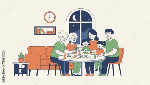 A multigenerational family engaging in a game night at home showcasing the integration of family time into daily routines.