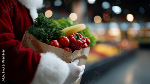 High-quality 4K photo of a person dressed as Santa Claus holding a paper grocery bag filled with fresh vegetables and fruits in a supermarket. The Santa sleeve with red velvet fabr