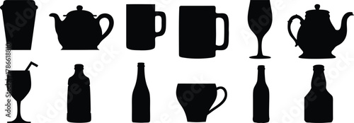 Collection of beverage container silhouettes isolated on white background