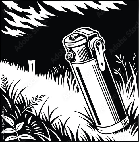 Detailed illustration of a thermos bottle in grass silhouette isolated on white background