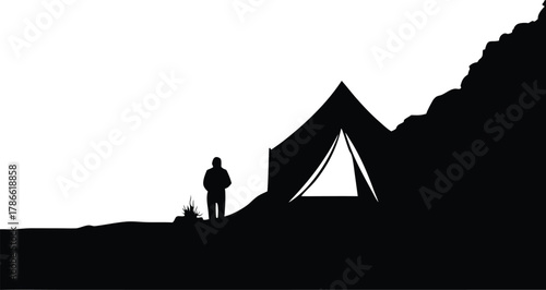 Silhouette of a person and tent on a mountain isolated on white background