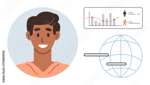 Smiling individual portrait alongside data graph, user statistics, and global network visualization. Ideal for analytics, demographics, connectivity, diversity, technology networking education. A