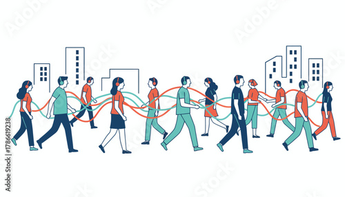 A busy urban street scene where pedestrians move in rhythm each absorbed in their own music illustrated by colorful sound waves connecting them.
