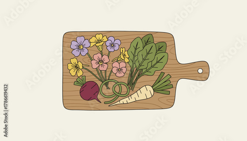 A wooden ting board displaying edible flowers youthful greens and roots conveying the beauty and nourishment found in wild foraging.