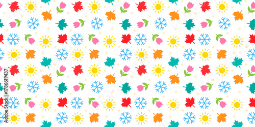 Seamless pattern with four seasons. Vector design with symbols of winter, spring, summer and autumn such as snowflake, flower, sun and fall leaf