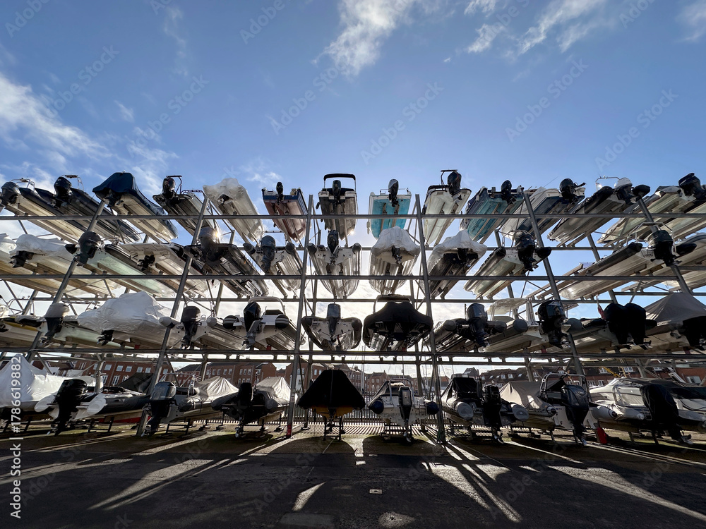 Obraz premium Marine boat storage facility in port of Portsmouth, UK.