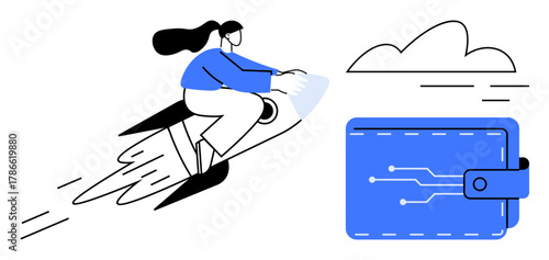Woman on rocket speeding toward digital wallet, cloud backdrop. Ideal for finance, fintech, investment, technology, speed, innovation digital transformation. Simple flat metaphor