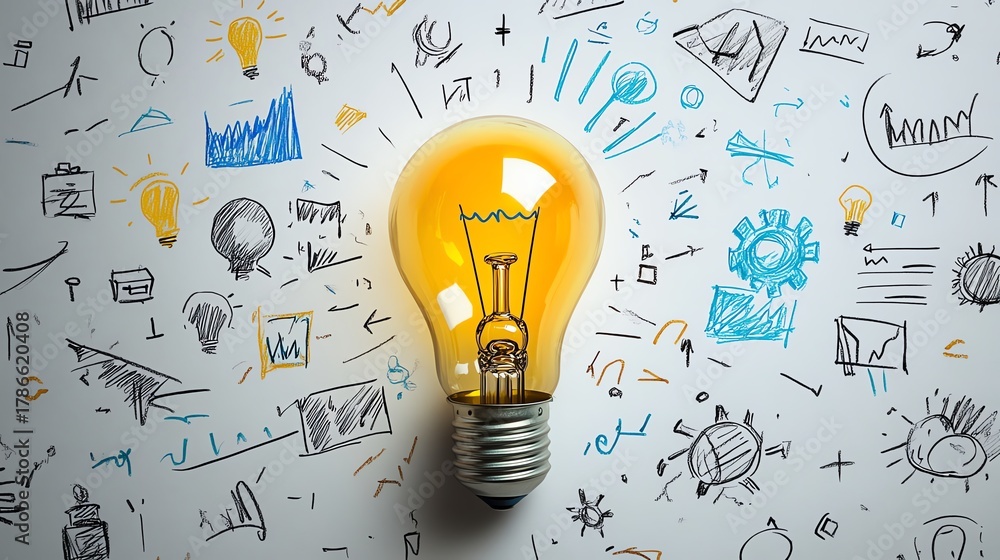 Fototapeta premium doodlestyle lightbulb with internal sketches of business symbols, graphs, and gears, minimalist handdrawn concept for strategic creativity