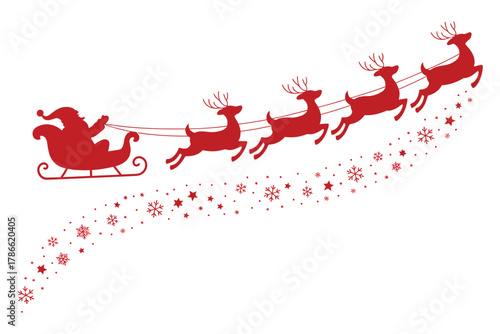 Santa Claus flying through the starry night sky in his sleigh pulled by reindeer, spreading holiday magic