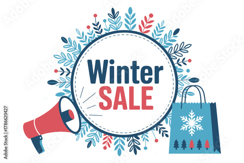 Announcing a festive winter sale with a shopping bag and megaphone, celebrating seasonal discounts and shopping.