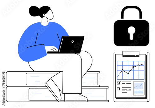 Person working on laptop seated on books, lock representing security, chart clipboard showing data analysis. Ideal for education, cybersecurity, research, data management, analytics, digital work